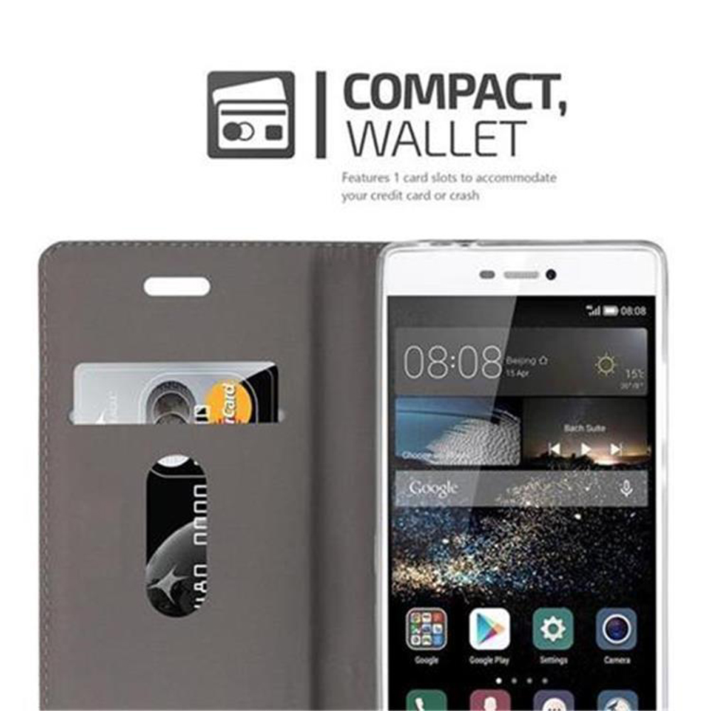 Una funda tipo cartera gris con un teléfono y una tarjeta dentro.