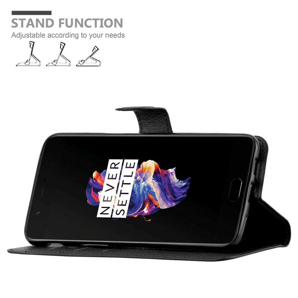 Custodia per telefono nera con funzione stand. Il telefono è configurato per essere visualizzato orizzontalmente. La custodia ha una copertura nera.