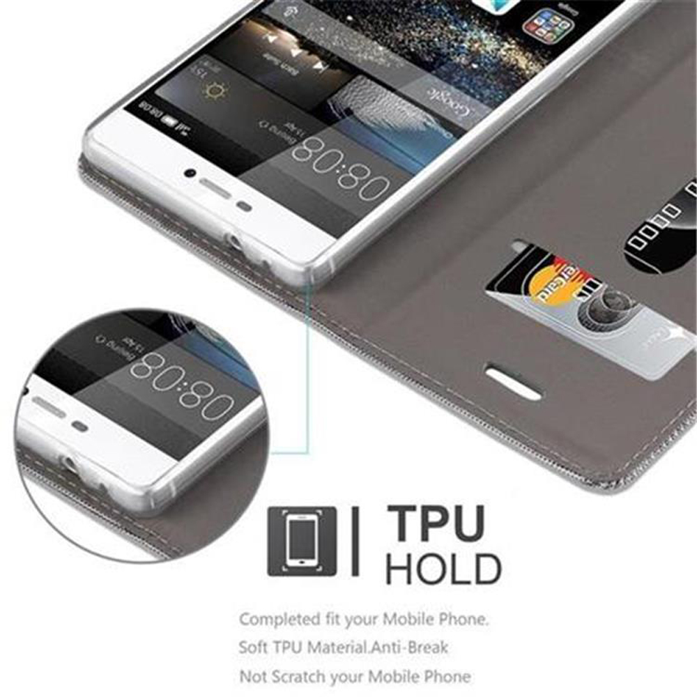 Teléfono en una funda gris. Tarjeta de crédito visible. Texto: TPU HOLD. Diseño de la funda mostrado.