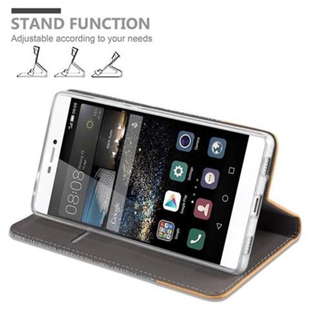 Un teléfono en un estuche con soporte. El teléfono está en el estuche, mostrando la hora y las aplicaciones en la pantalla.