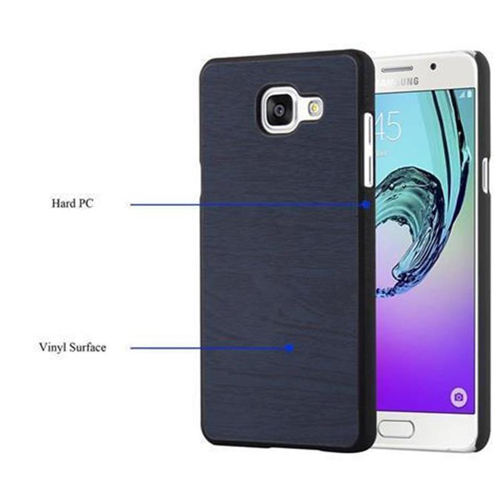 Un teléfono en una funda rígida de PC azul oscuro junto a un teléfono blanco, que muestra la superficie de vinilo.