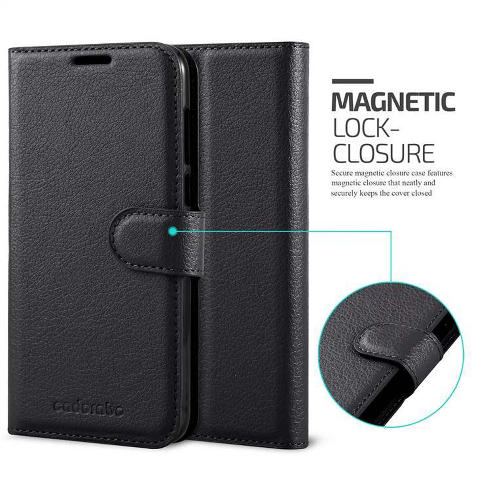 Una custodia per telefono nera aperta, che mostra il telefono. Testo: Chiusura con blocco magnetico. Diagramma della chiusura.