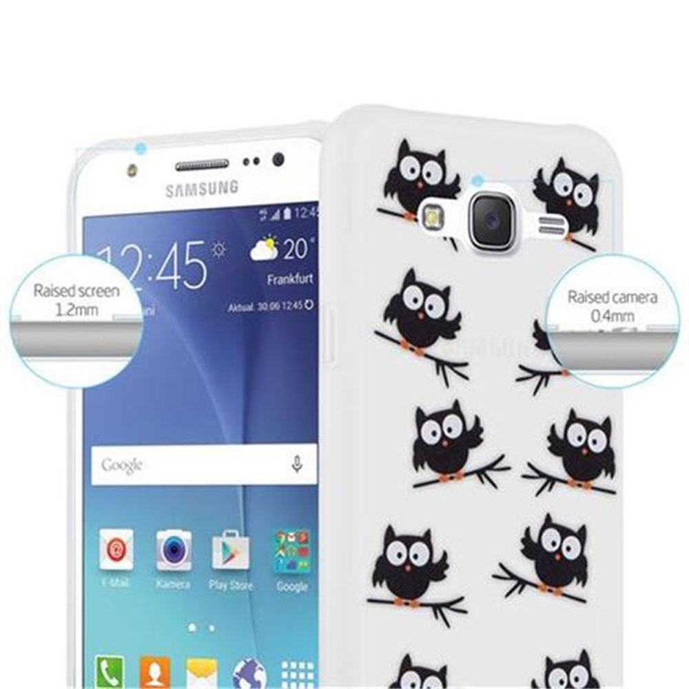 Weiße Handyhülle mit Eulen. Text: Erhöhter Bildschirm 1,2 mm, erhöhte Kamera 0,4 mm. Detail: ein Telefon.