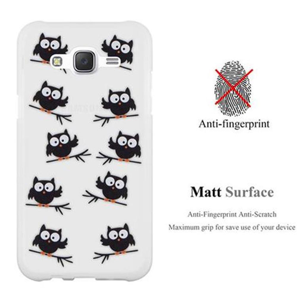 Eine weiße Handyhülle mit Cartoon-Eulen wird angezeigt. Es hat Anti-Fingerabdruck und matte Oberfläche.