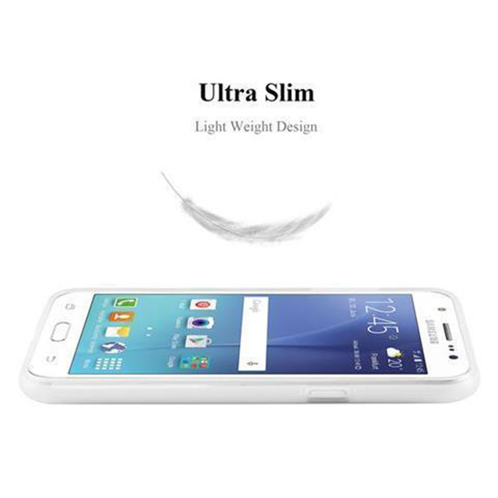 Weißes Telefon mit Uhrzeitanzeige. Eine Feder schwebt über dem Telefon. Text: Ultra Slim, Light Weight.