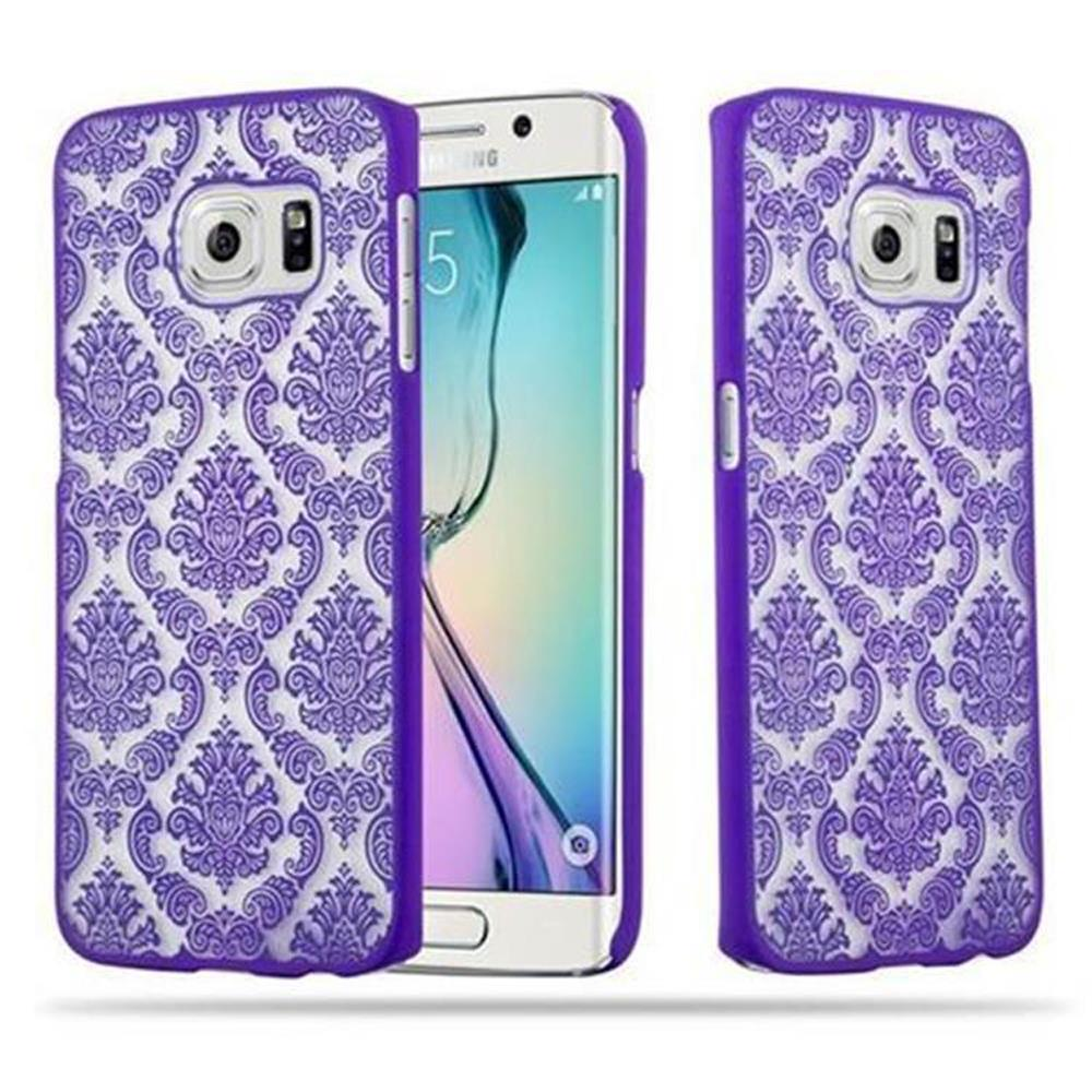 Telefono in una custodia viola fantasia. Una custodia è aperta su entrambi i lati.