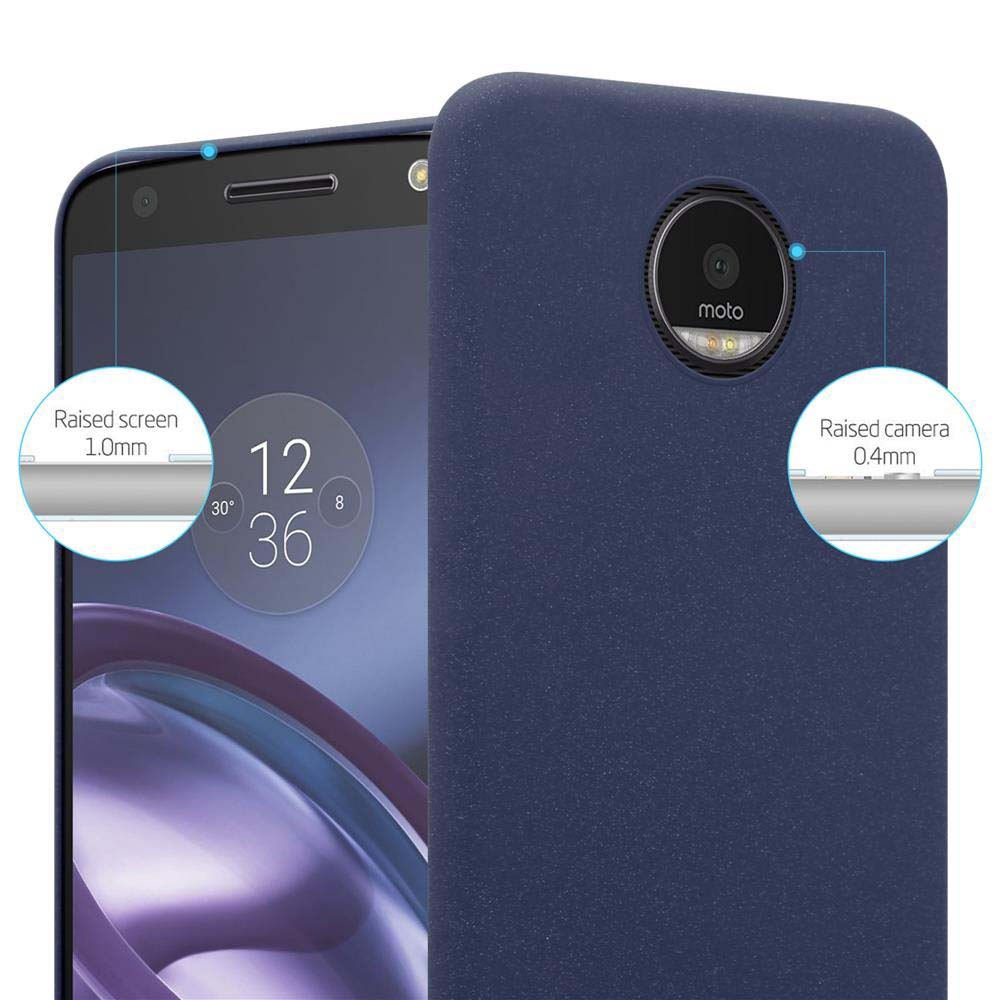 Custodia per telefono blu scuro con etichette che mostrano i dettagli dello schermo e della fotocamera.