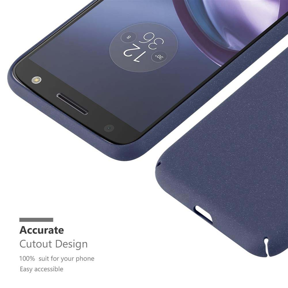 Un telefono con custodia blu, primo piano del telefono e della custodia, con testo che indica il design preciso.