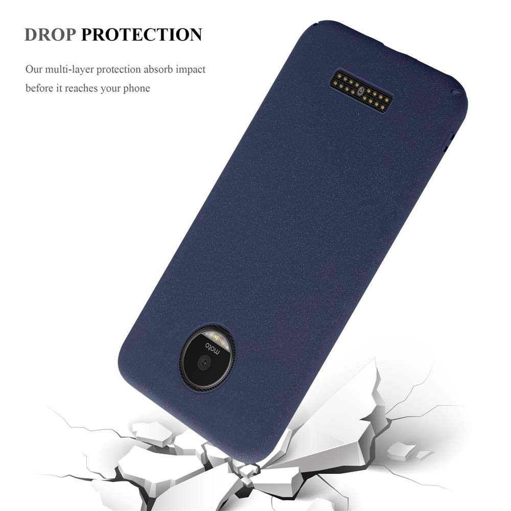 Custodia per telefono blu scuro, assorbimento degli urti. Il telefono sta cadendo a terra.