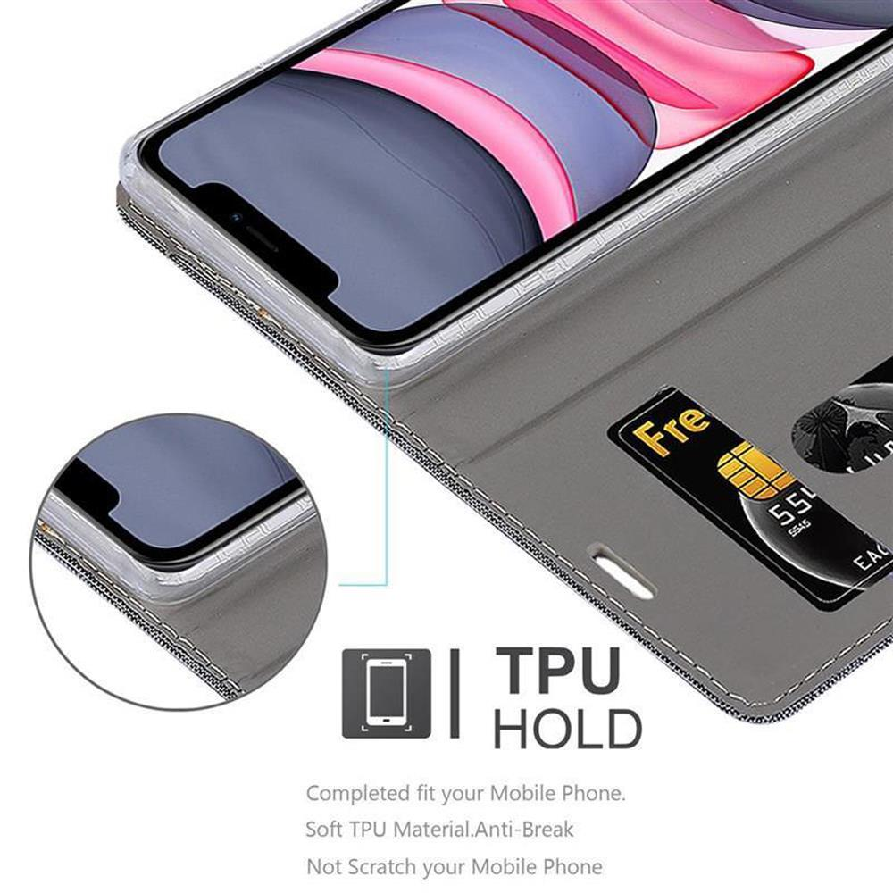 Custodia per telefono con il telefono dentro. Logo di supporto in TPU in basso. Carta nello slot.