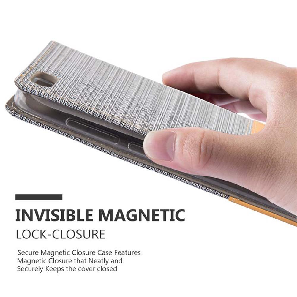 Mano che tiene una custodia per telefono grigia. Testo: 'Chiusura Magnetica Invisibile' e dettagli.