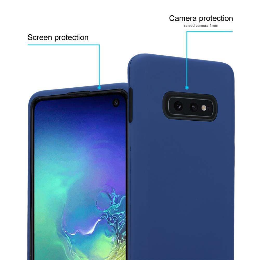 Marineblaues Handycase mit Bildschirm- und Kameraschutz. Telefonbildschirm sichtbar. Weißer Hintergrund.