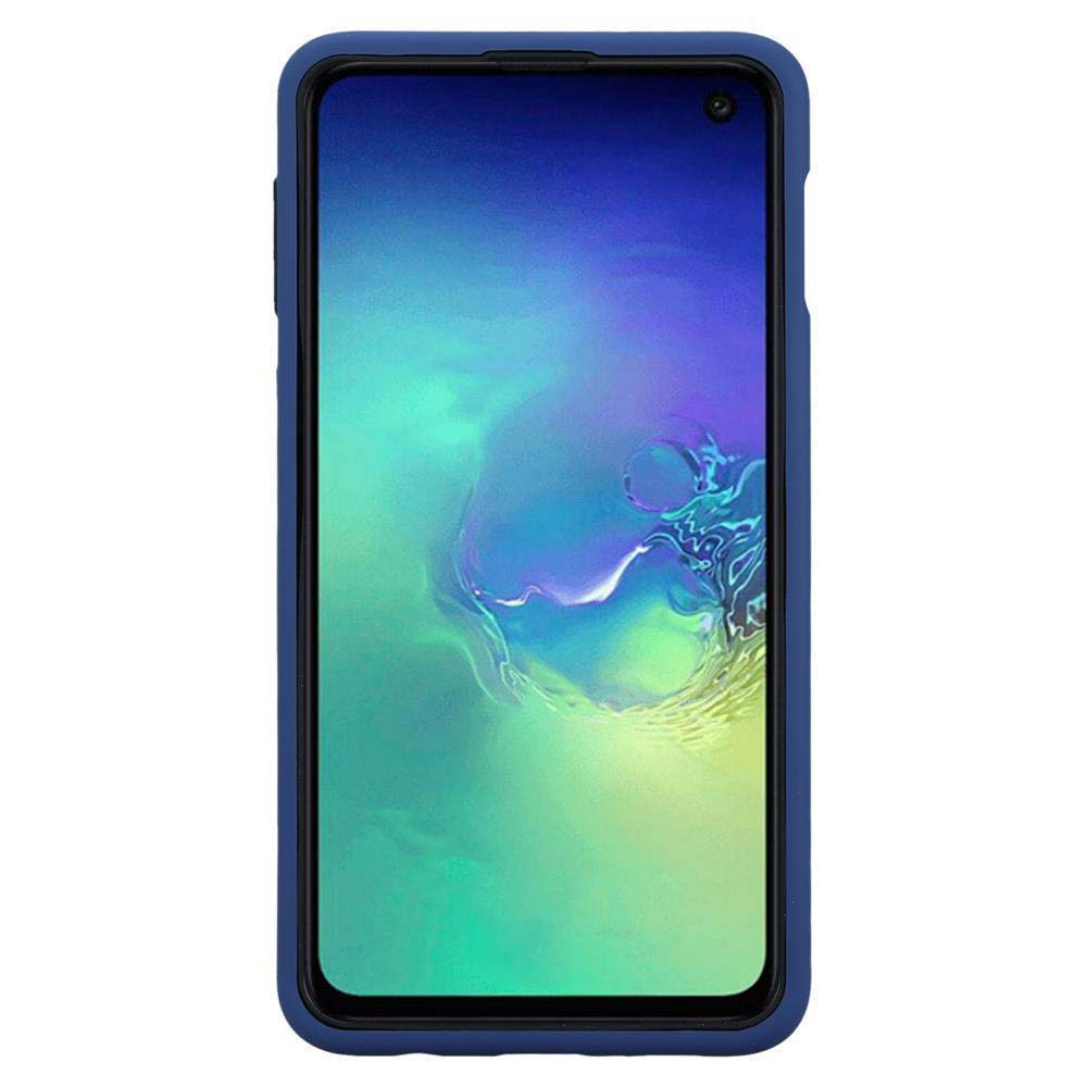 Ein Smartphone mit blauem Gehäuse. Der Bildschirm zeigt einen abstrakten blauen und grünen Hintergrund.
