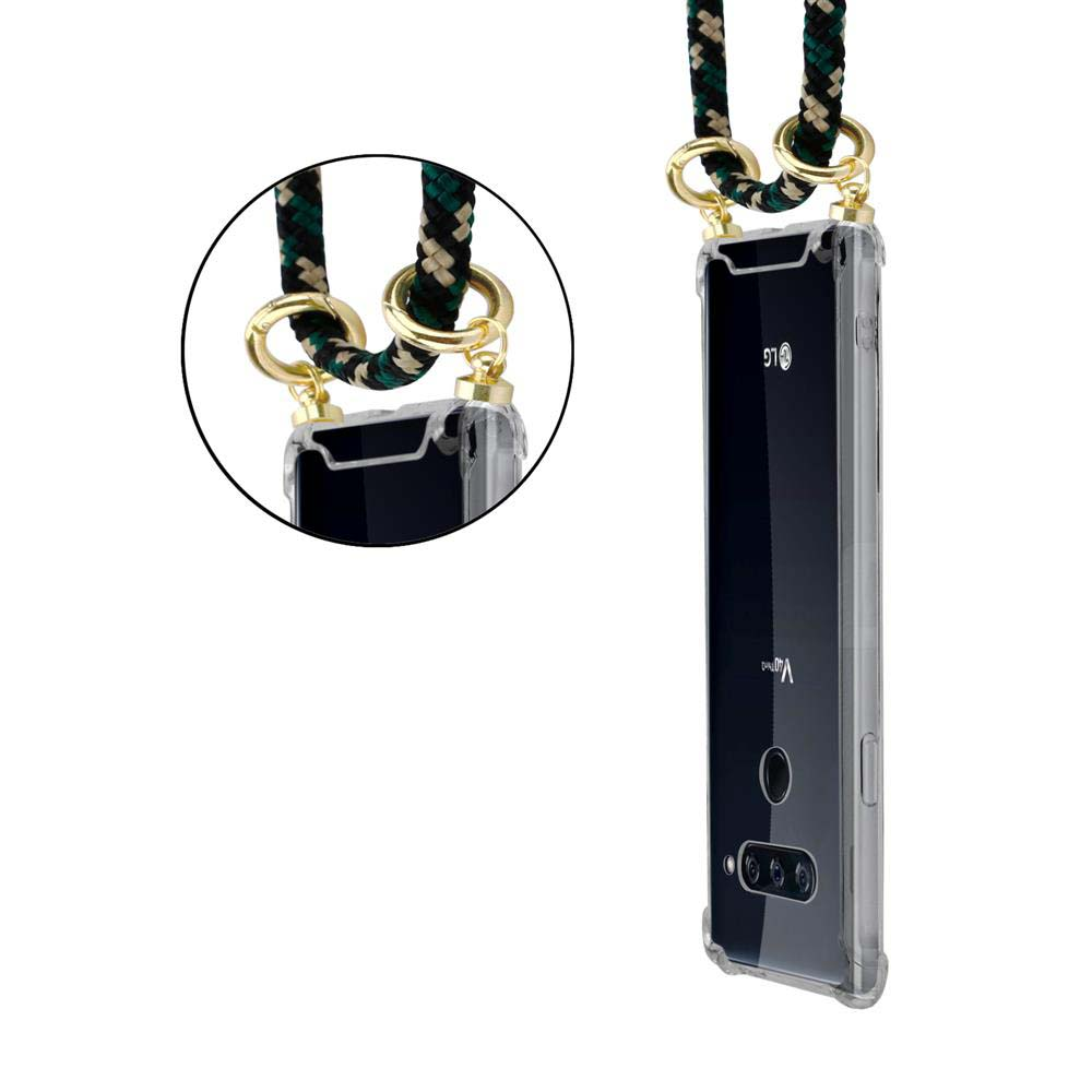 Transparente Handyhülle mit schwarzem und grünem Riemen, goldene Ringe.
