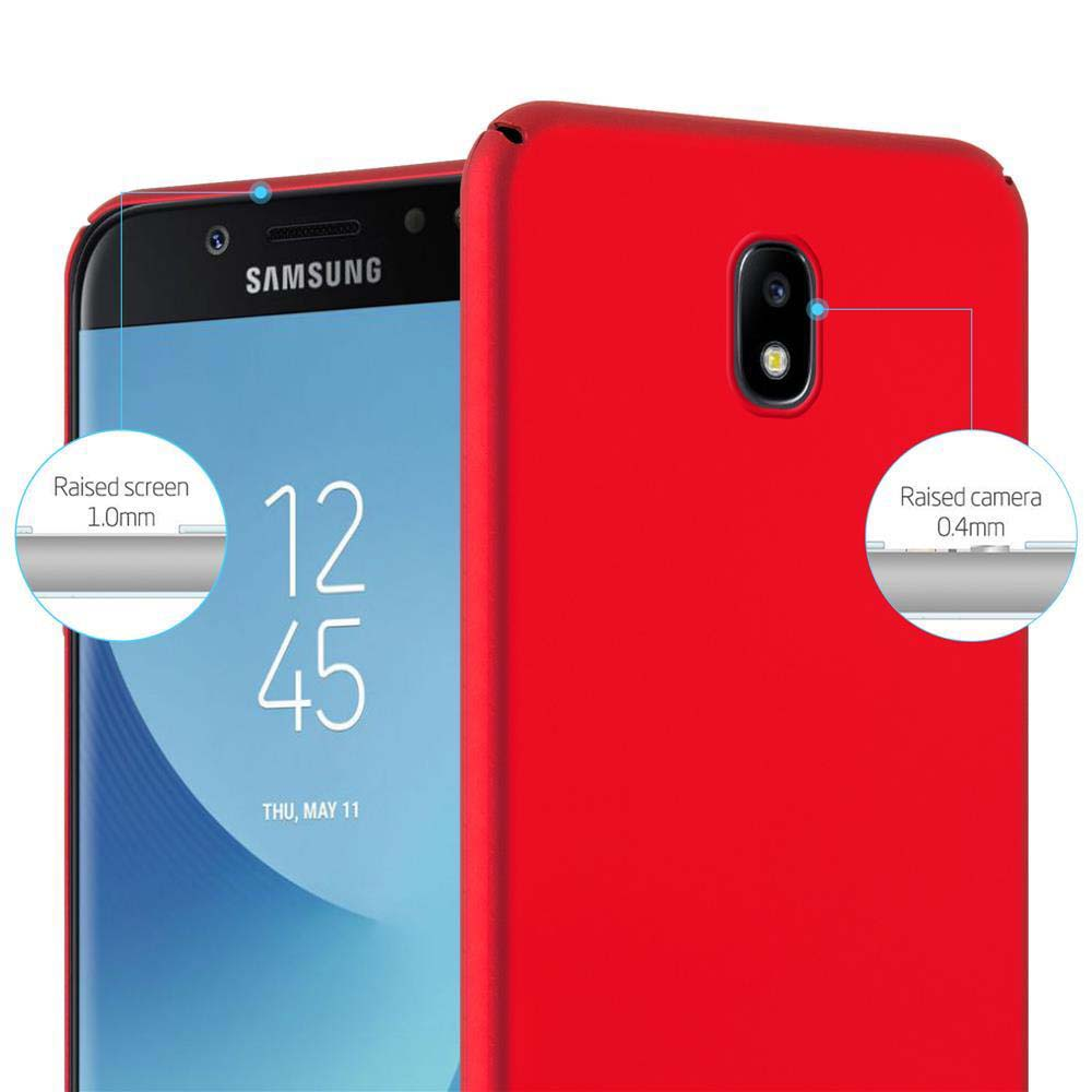 Ein rotes Samsung-Telefon mit roter Hülle, mit Details zu erhöhtem Bildschirm und Kamera.