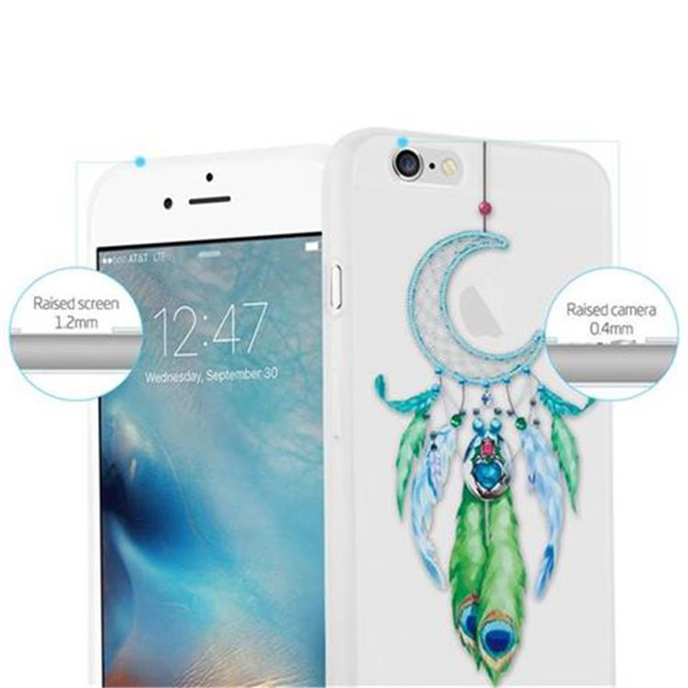 Zwei Telefone, eines links und eines mit Traumfänger-Design rechts. Erhöhter Bildschirm und Kamera.