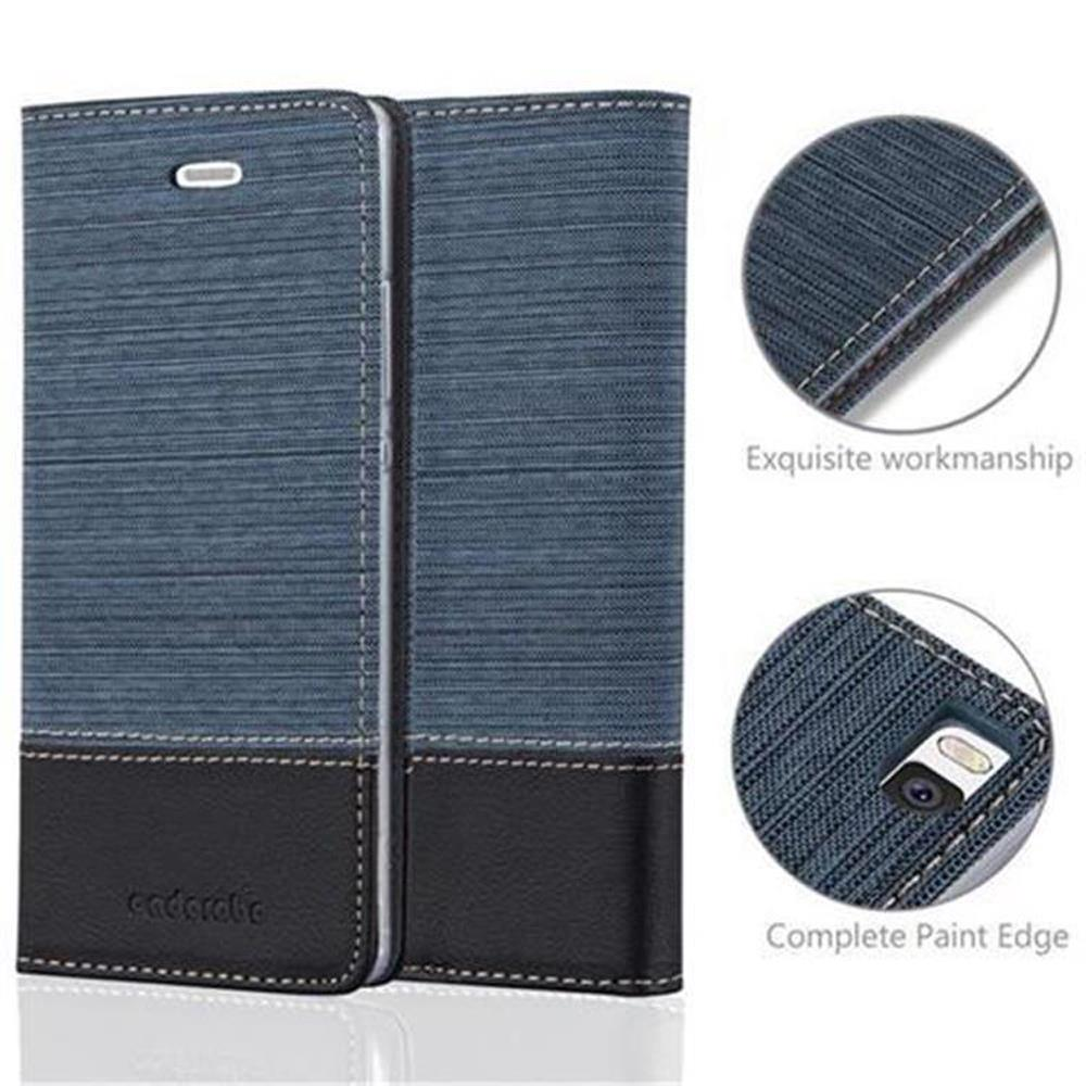Una funda de teléfono cerrada en azul y negro, con un primer plano de la textura del material y las costuras.