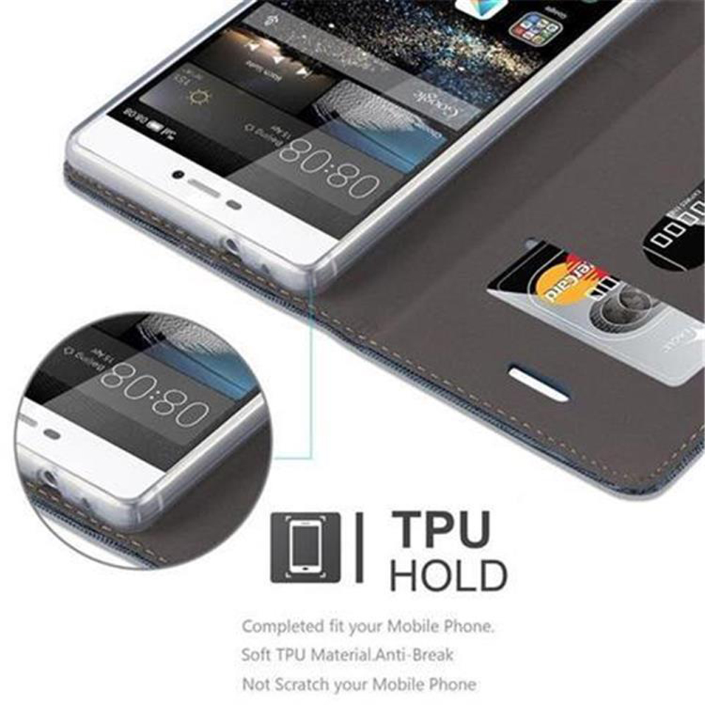 Funda de teléfono con teléfono dentro, una tarjeta y texto.