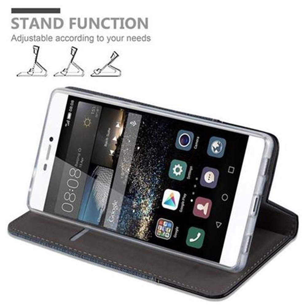 Teléfono en una funda, abierto para mostrar la pantalla. La funda se puede ajustar para la función de soporte.
