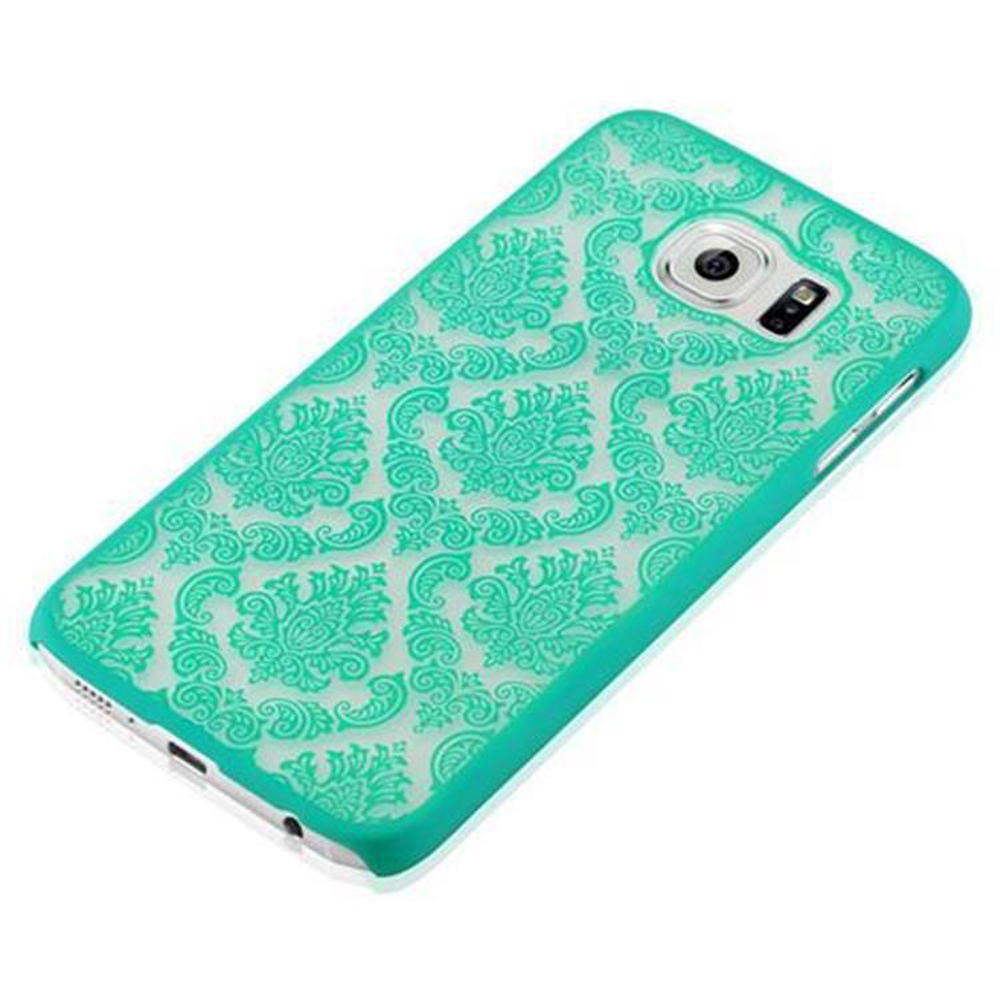 Una custodia per telefono con un design turchese su sfondo bianco. Il design è un motivo floreale.