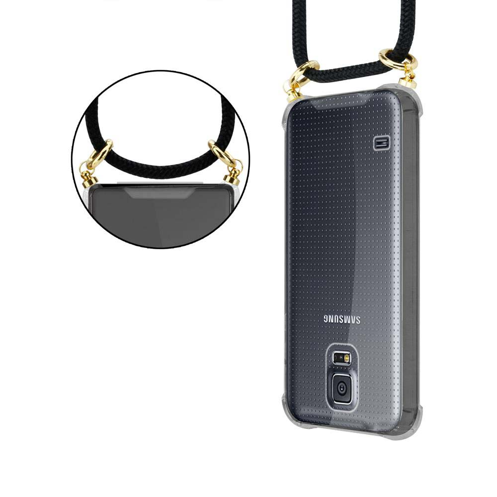Una custodia trasparente per telefono con cinturino nero, con un telefono all'interno e attacchi ad anello dorati.