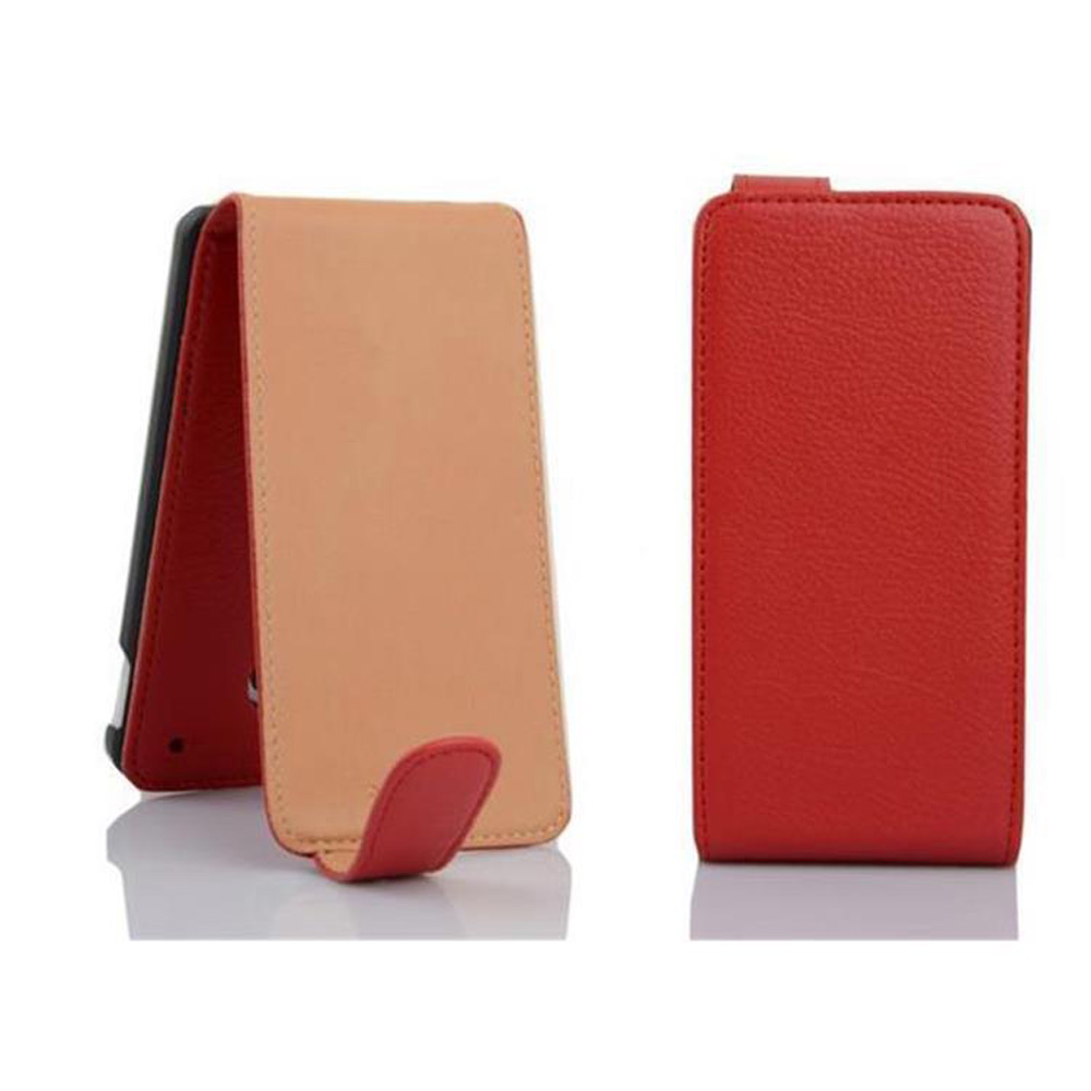 Custodia per telefono rossa e beige, spiegata. La custodia spiegata mostra un interno rosso e un esterno beige.