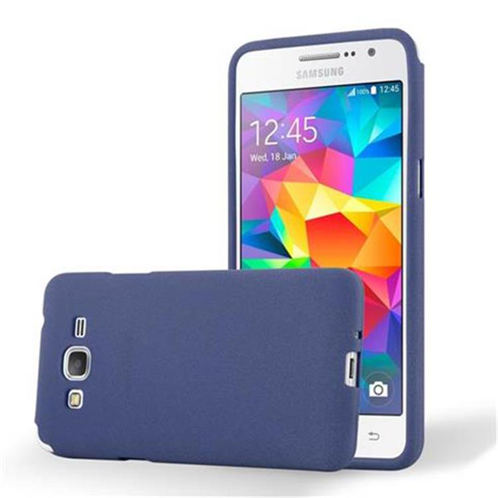 Funda de teléfono azul. El teléfono está en una funda sobre una superficie blanca. El teléfono es blanco.