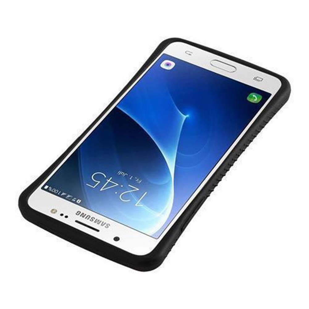 Ein weißes Telefon mit schwarzer Hülle, schräge Ansicht, zeigt Bildschirm und Tasten.