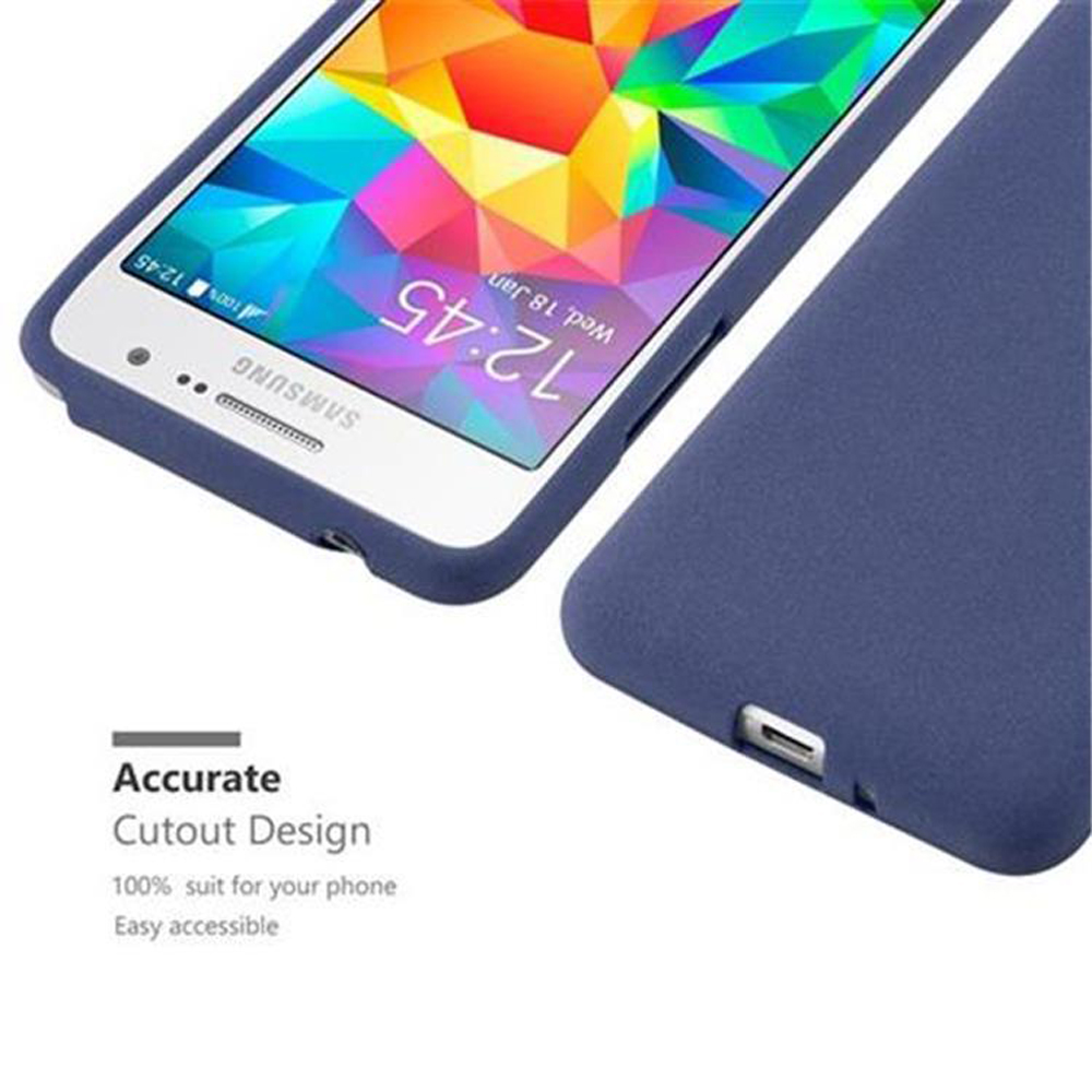 Una funda de teléfono azul cubre un teléfono blanco. El teléfono muestra la hora 12:45.