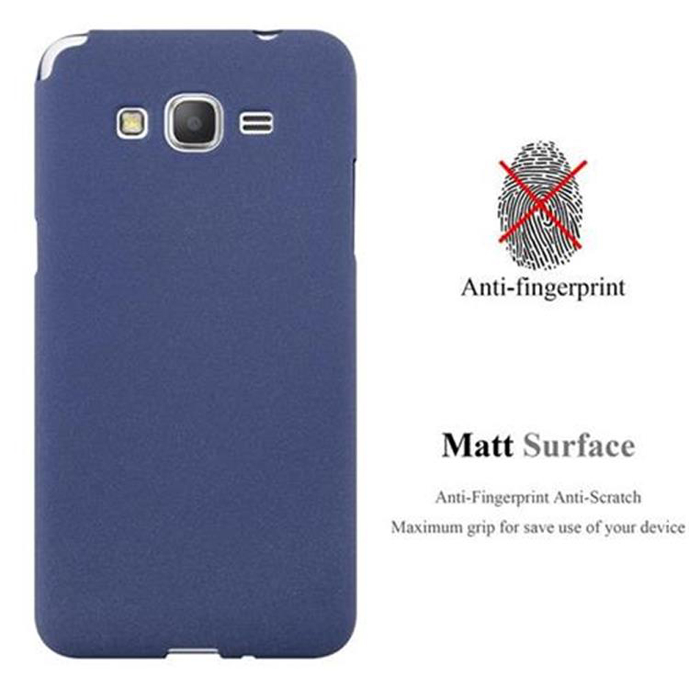 Una funda de teléfono azul con un símbolo rojo de cancelación de huellas dactilares, que indica anti-huellas y superficie mate.