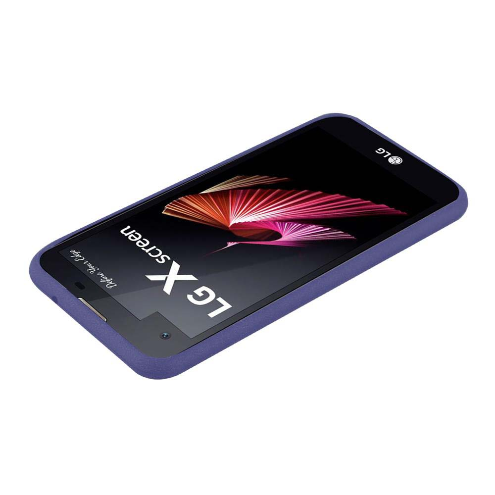 Telefono LG X screen in una custodia blu, con uno schermo che mostra un design rosa e rosso. Il telefono è angolato.
