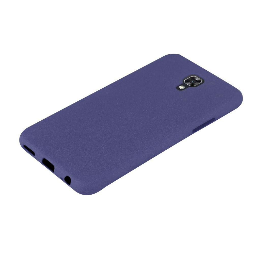 Una custodia per telefono blu tinta unita e semplice. La custodia è rettangolare, con fotocamera e porta visibili.