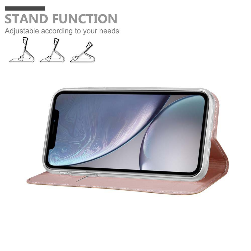Rosa Handyhülle mit Telefon darin. Standfunktion wird gezeigt. Weißer Hintergrund.