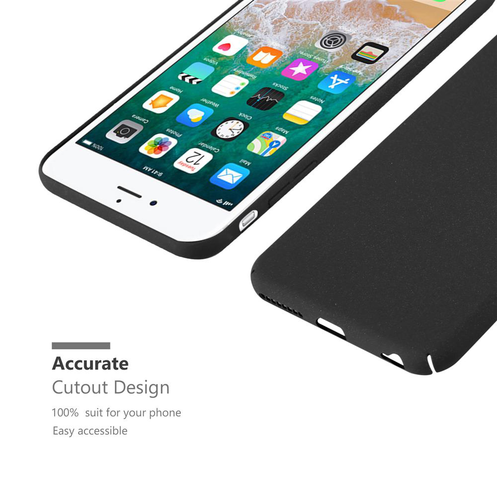 Smartphone e custodia nera, con un design ritagliato. Telefono di lato, custodia nera sopra.