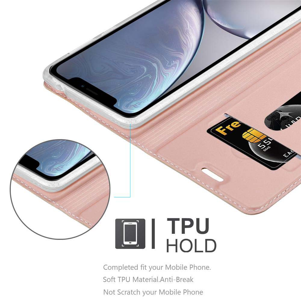 Telefon in rosa Hülle. Die Hülle ist offen mit Kartenfach.