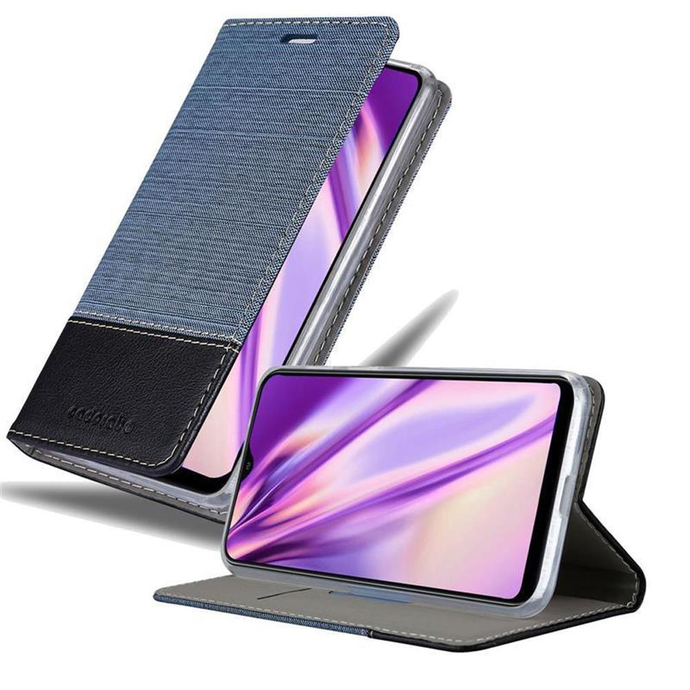 Custodia blu e nera con telefono. Una custodia è aperta.