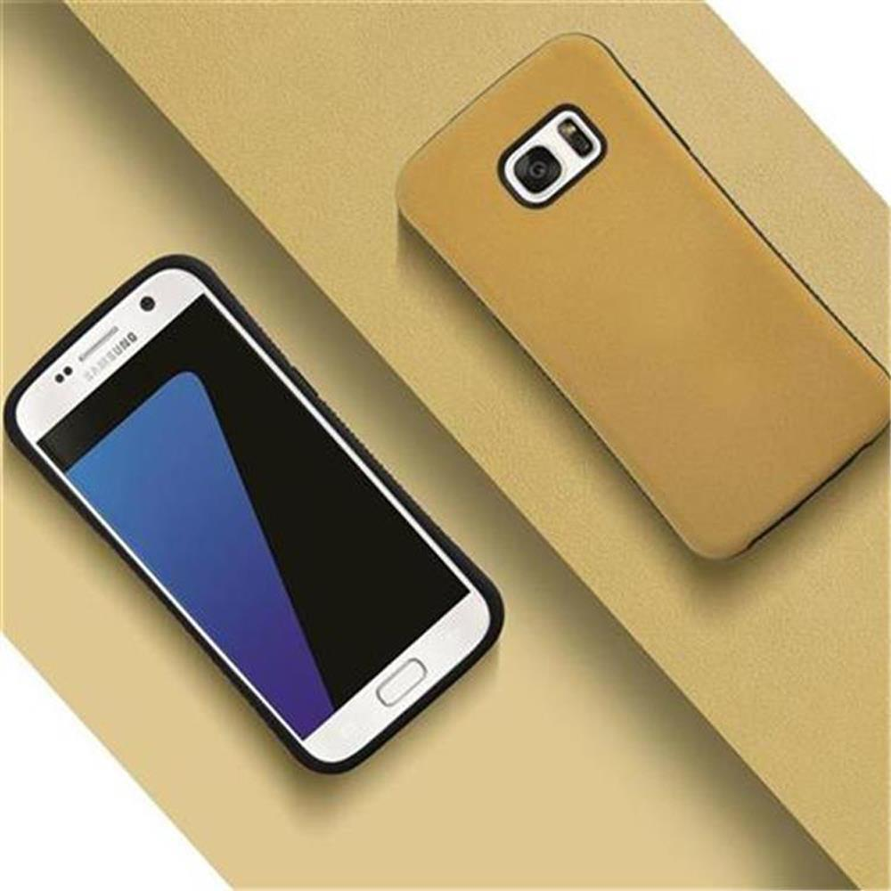 Smartphone e custodia, il telefono è bianco e la custodia è oro.