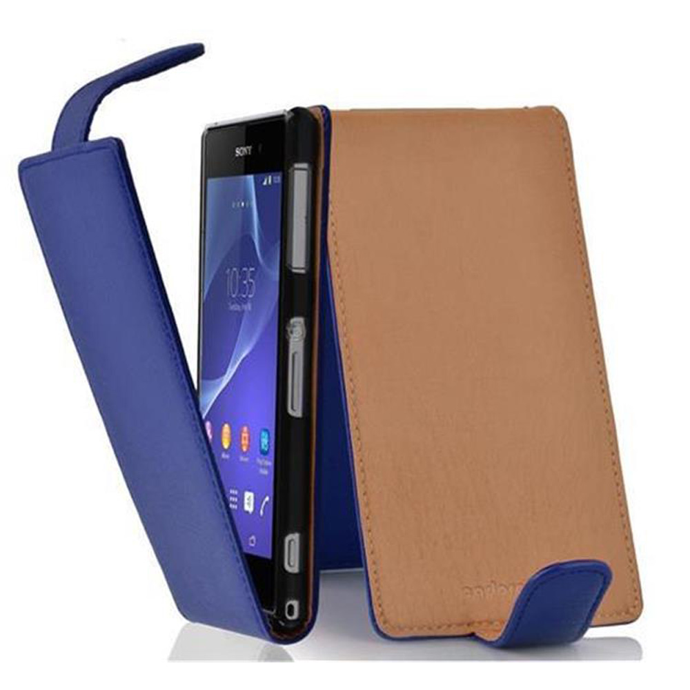 Funda de teléfono azul y marrón abierta. Teléfono negro dentro. La funda está abierta, mostrando un teléfono.