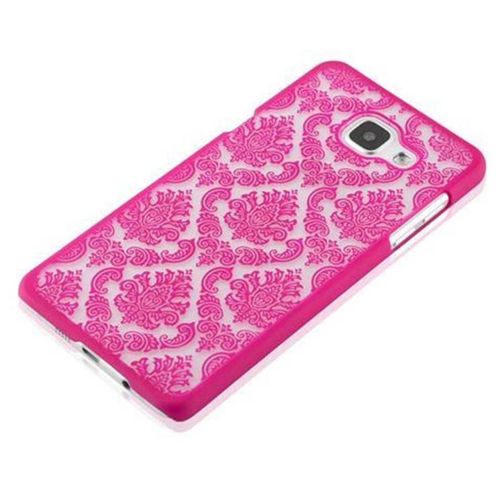 Eine pinke Handyhülle mit weißen Blumenmustern. Das Telefon befindet sich in der Hülle.