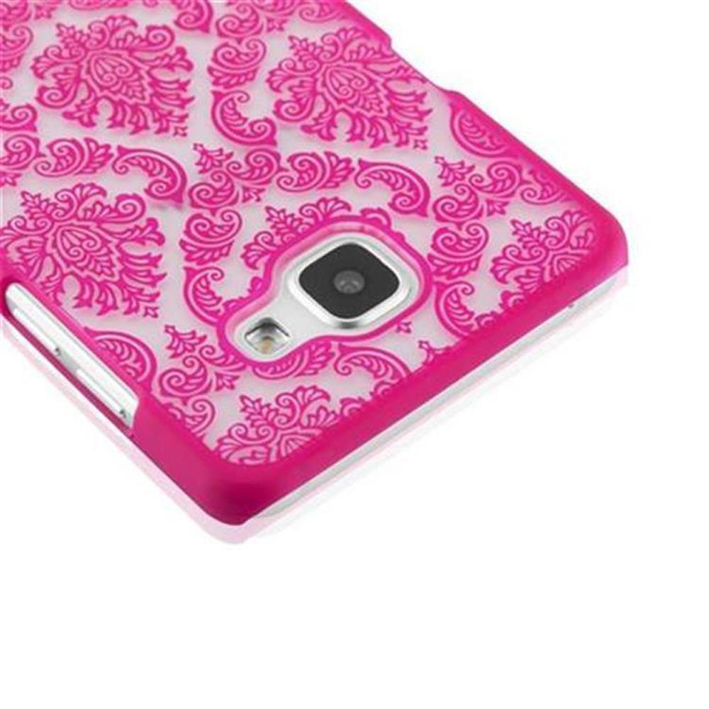 Eine Handyhülle mit pinkfarbenem Blumendesign. Die Handyhülle ist weiß und pink.