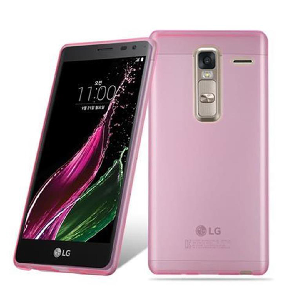 Ein rosa Telefon in einem rosa Gehäuse. Die Rückseite des Telefons ist sichtbar. Marke LG.