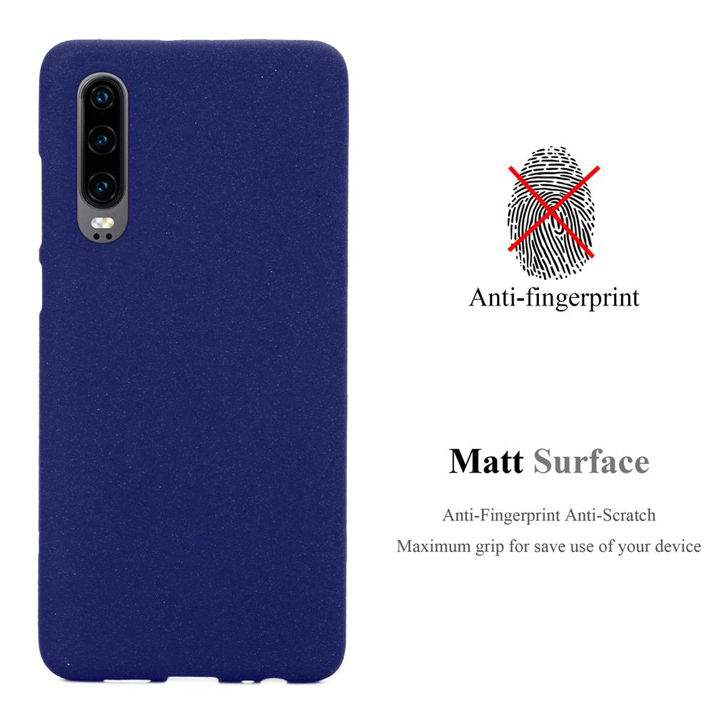 Una custodia blu per telefono. La custodia ha una superficie opaca. C'è un'icona di impronta digitale con una X sopra.