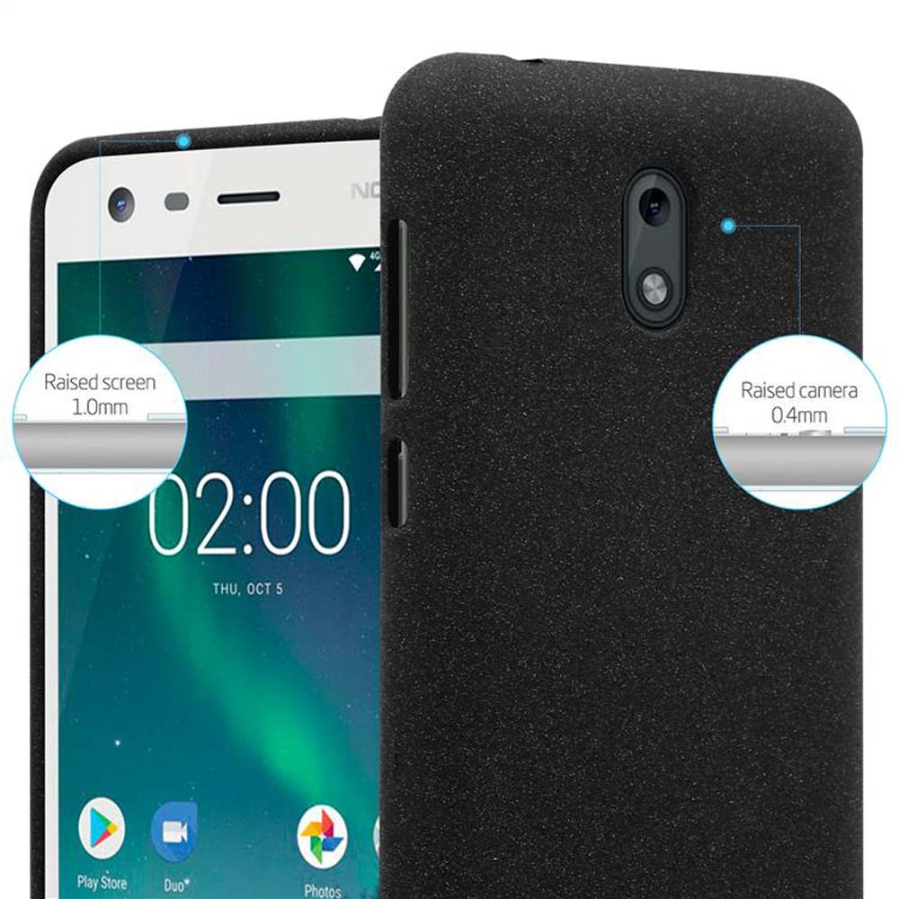 Ein Telefon mit Hülle, Nahaufnahme. Der Bildschirm und die Kamera haben erhöhte Kanten, durch Kreise hervorgehoben.
