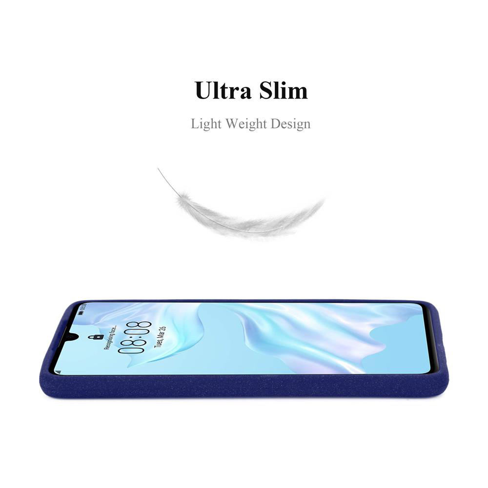 Una custodia blu per telefono con un telefono bianco, piuma fluttuante sopra, vista angolata.