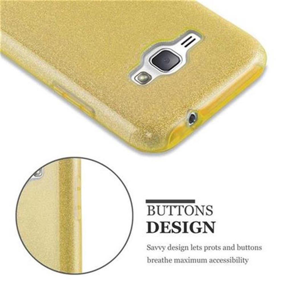 Eine goldene Glitzer-Handyhülle mit Knopfdruck-Design.