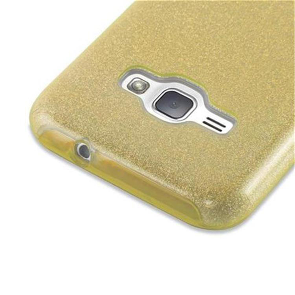 Gelbe glitzernde Handyhülle mit Kamera und Blitz auf der Rückseite.