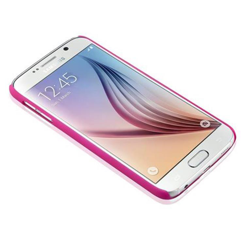 Un telefono bianco in una custodia rosa, angolato per mostrare lo schermo. L'ora, la data e le app sono visibili.