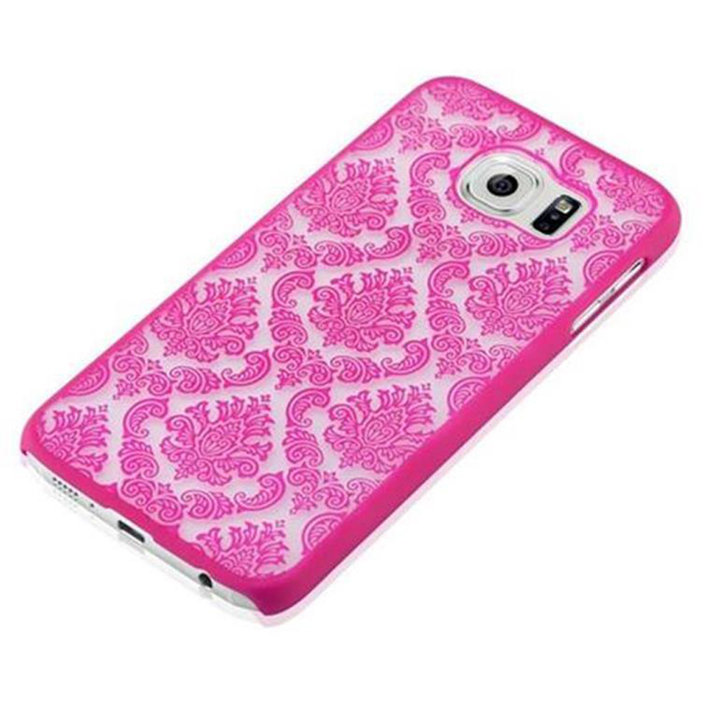 Una custodia per telefono rosa con un design bianco, che mostra il retro di un telefono con una fotocamera.