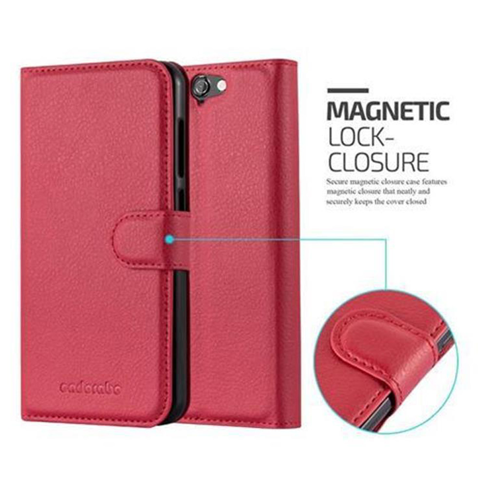 Una custodia rossa per telefono, aperta, che mostra un telefono. Chiusura magnetica visibile.