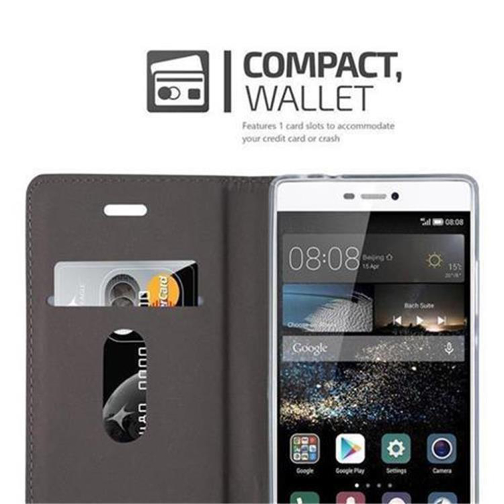 Teléfono dentro de una funda tipo cartera con ranuras para tarjetas de crédito.